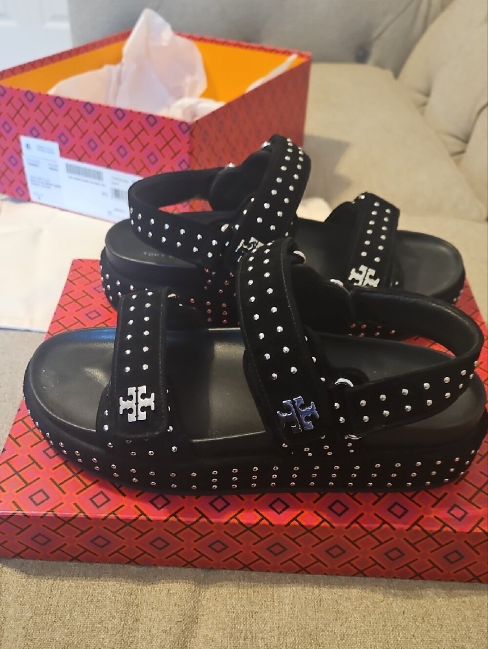 NWT Tory Burch Black Studded Platform Sandals with Logo Accent Kira